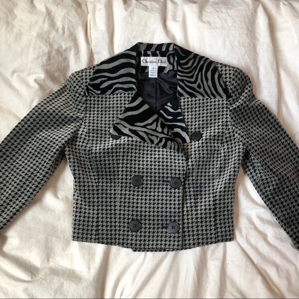 Vtg Dior Black and White Houndstooth Blazer